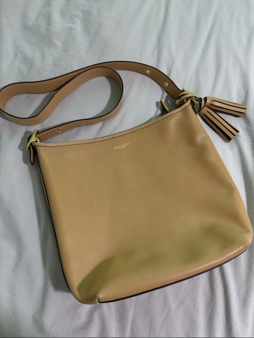 Coach Beige Leather Shoulder Bag with Tassel Accent